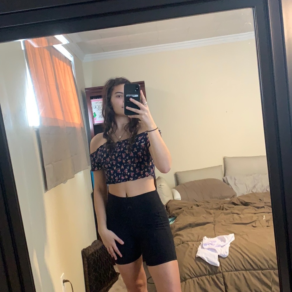 blue flowered off the shoulder crop top